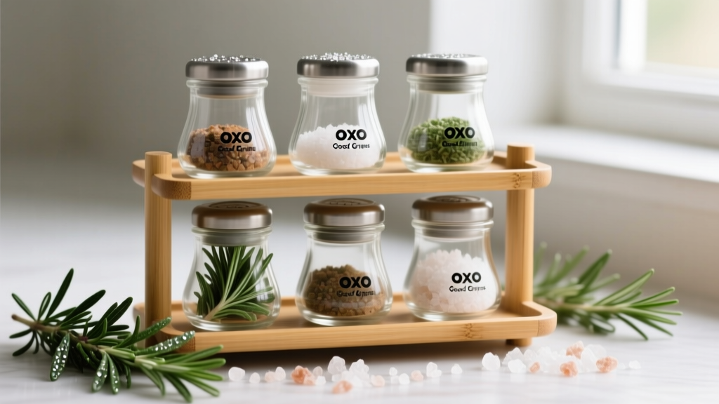 Close-up of OXO Good Grips glass spice jars arranged on a bamboo tiered rack with fresh rosemary and coarse sea salt scattered nearby