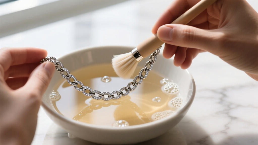 Hands gently brushing a diamond-cut Italian Figaro necklace chain with a soft bristle brush in a bowl of warm soapy water