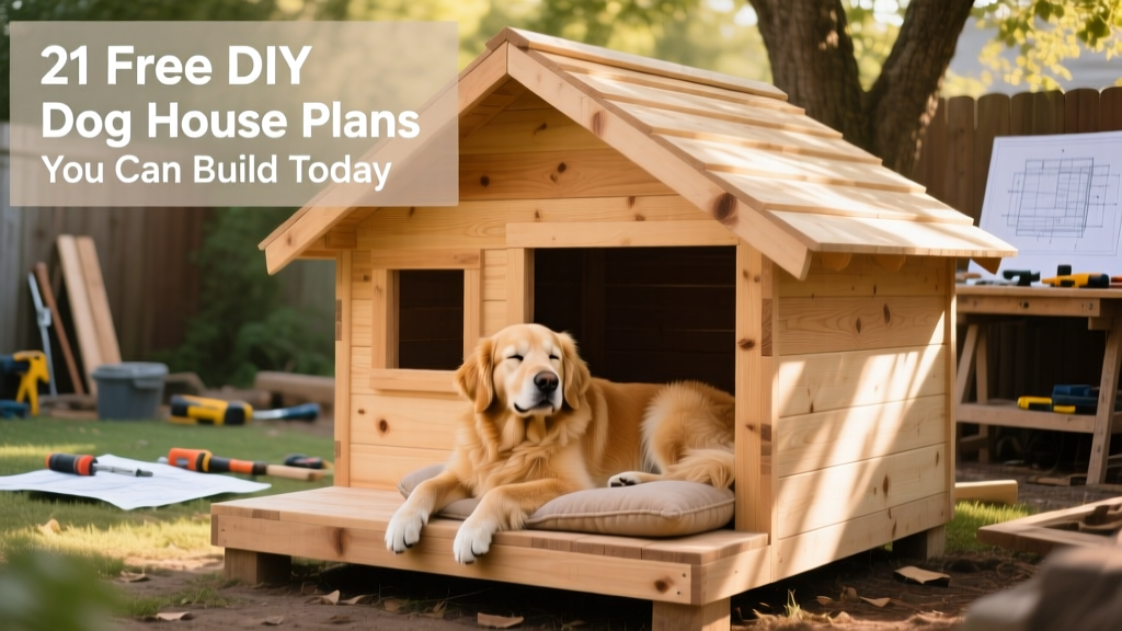 A cheerful golden retriever resting in a freshly built, weatherproof wooden dog house with a sloped roof and raised floor