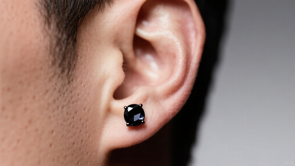 Close-up of a mans earlobe wearing a 14g black PVD titanium stud earring with matte black zirconia gem under soft studio lighting