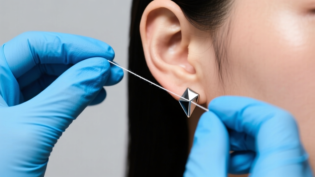 Hands in blue gloves using dental floss to pry a titanium friction earring back off an earlobe under bright clinical lighting.