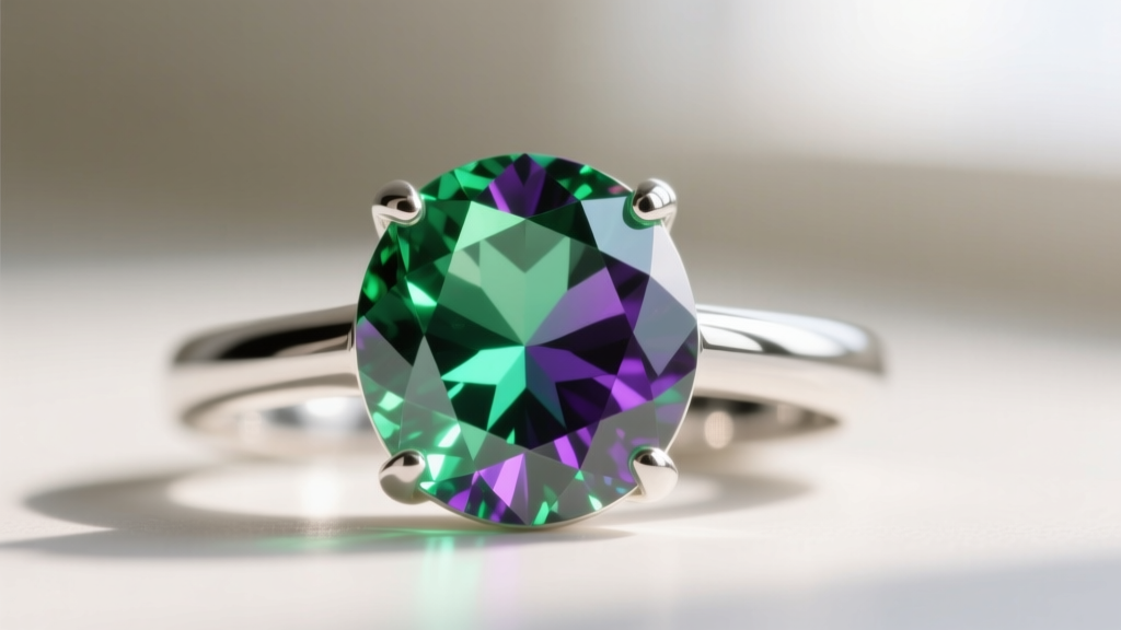 Macro shot of a faceted mystic topaz gemstone in a sterling silver ring, showing vibrant green and purple iridescent reflections.