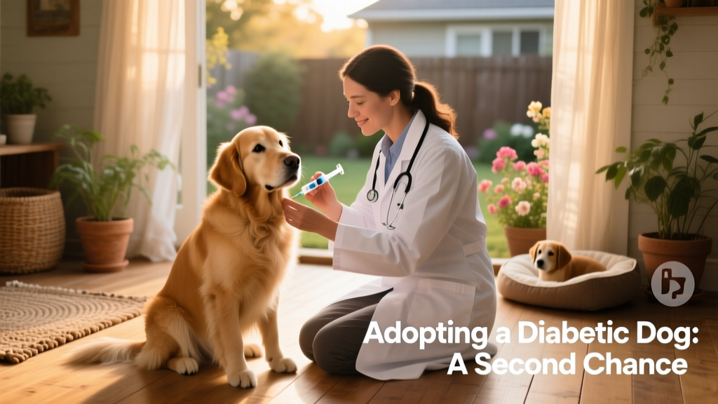 A veterinarian gently administering an insulin injection to a calm, seated dog
