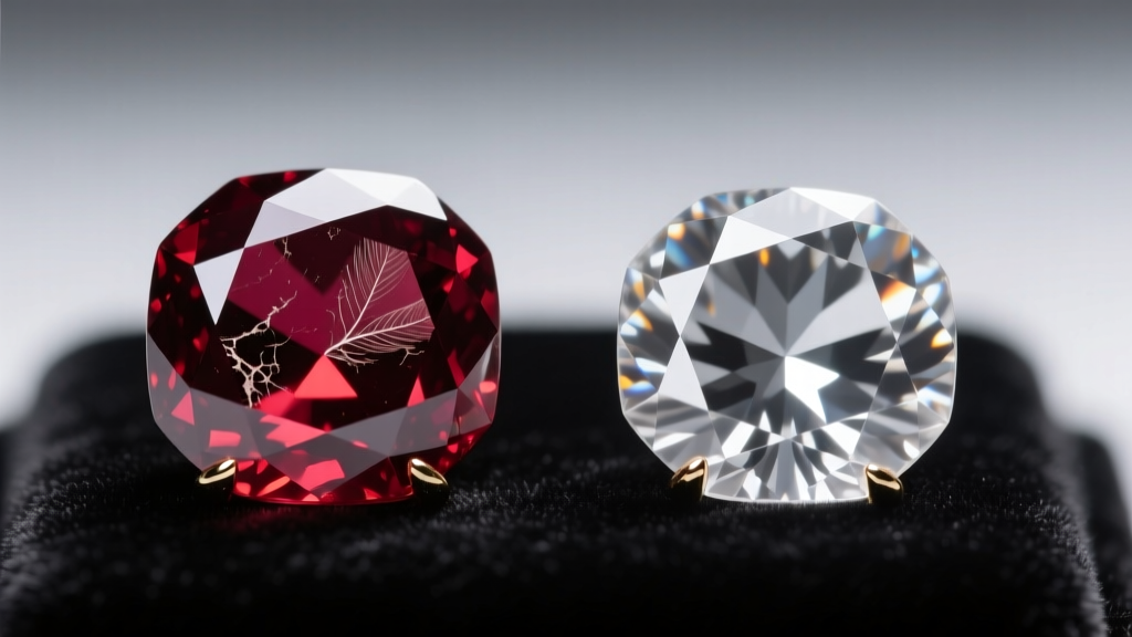 Macro photography comparing a natural pigeon blood ruby facet edge to a flawless lab-grown ruby under a jeweler's loupe.