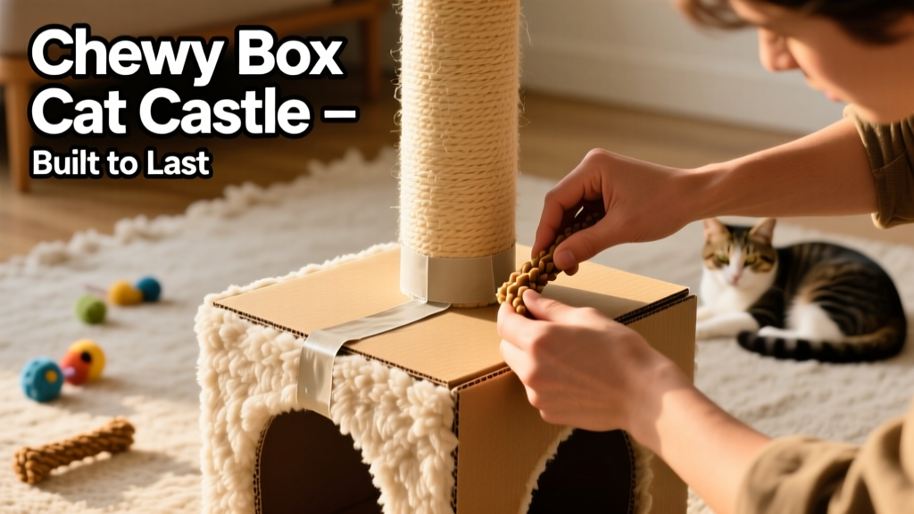 Close-up of hands assembling the castle, showing taped seam between base and tower