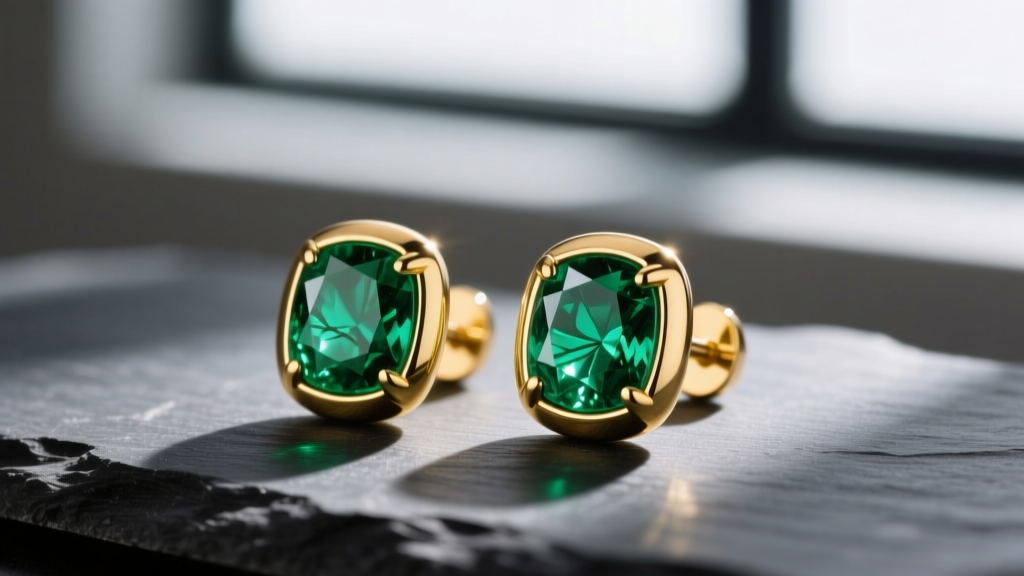 Close-up of 18k yellow gold bezel-set emerald stud earrings on dark slate, showing rich green inclusions and polished metal edges.