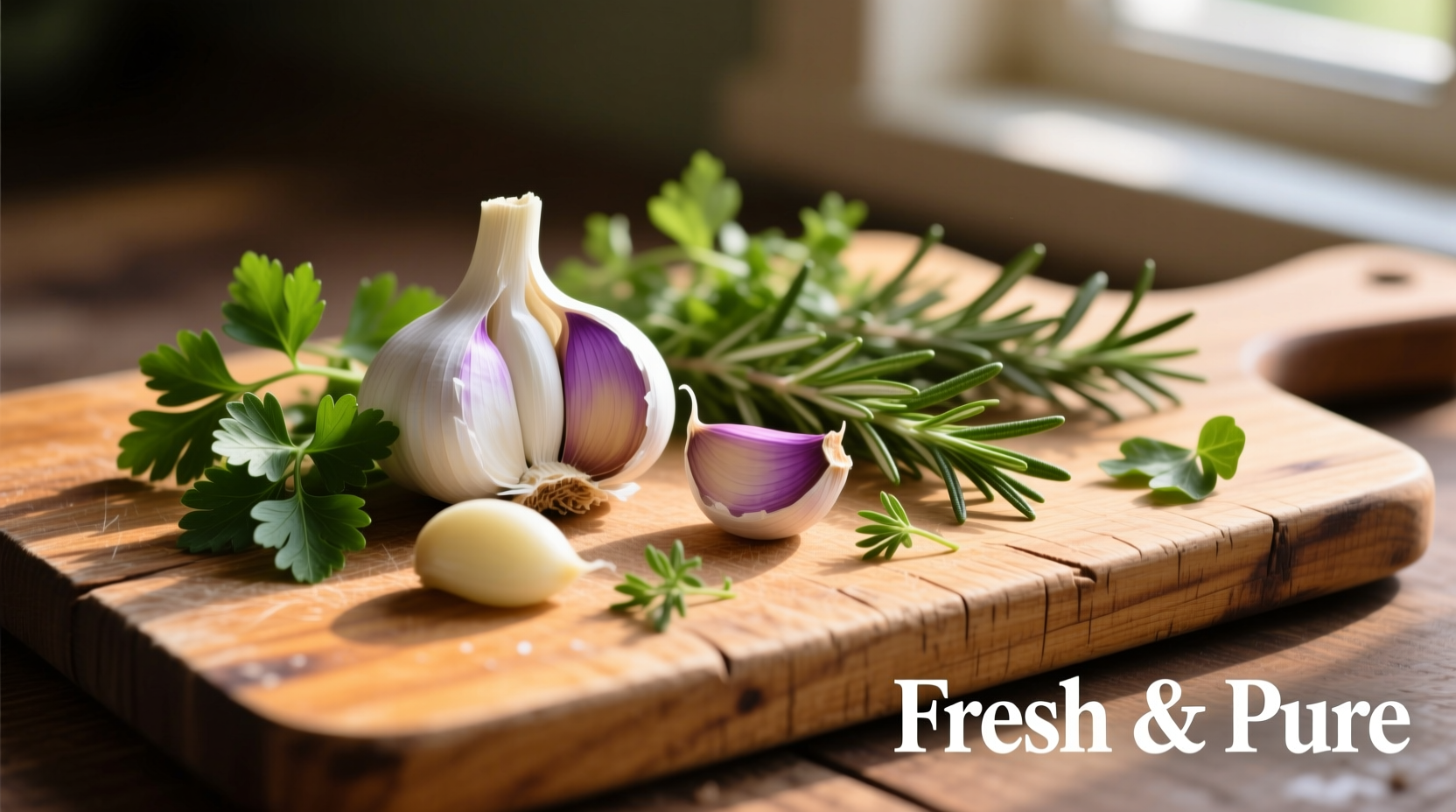 Fresh garlic cloves and herbs on wooden cutting board