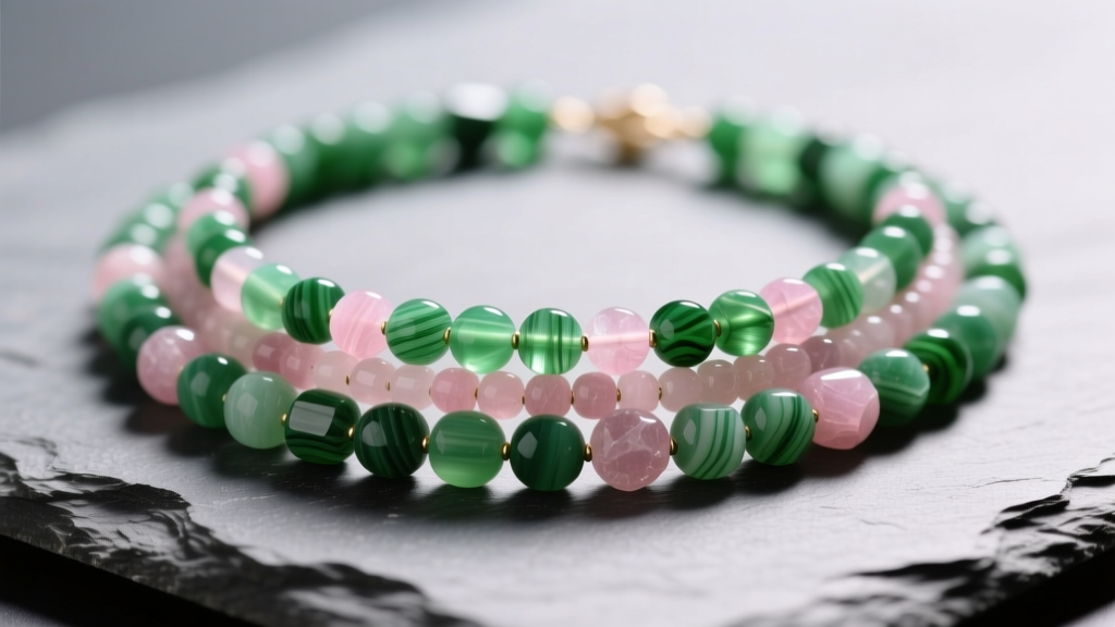 Macro view of unakite necklace with green epidote and pink feldspar beads on slate, soft light highlighting natural stone textures