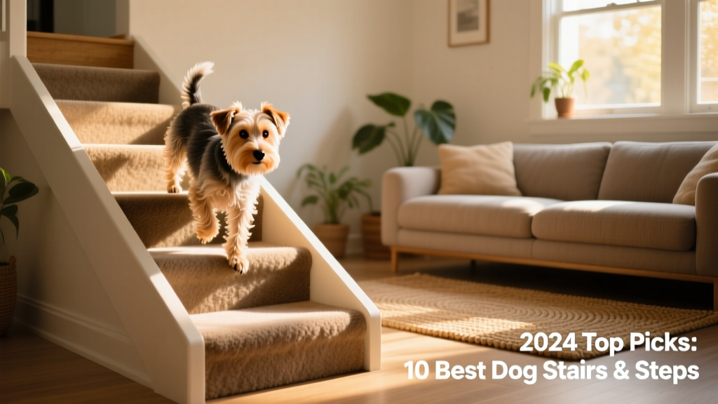 A small terrier confidently ascending a set of sturdy, carpeted dog stairs toward a cozy couch