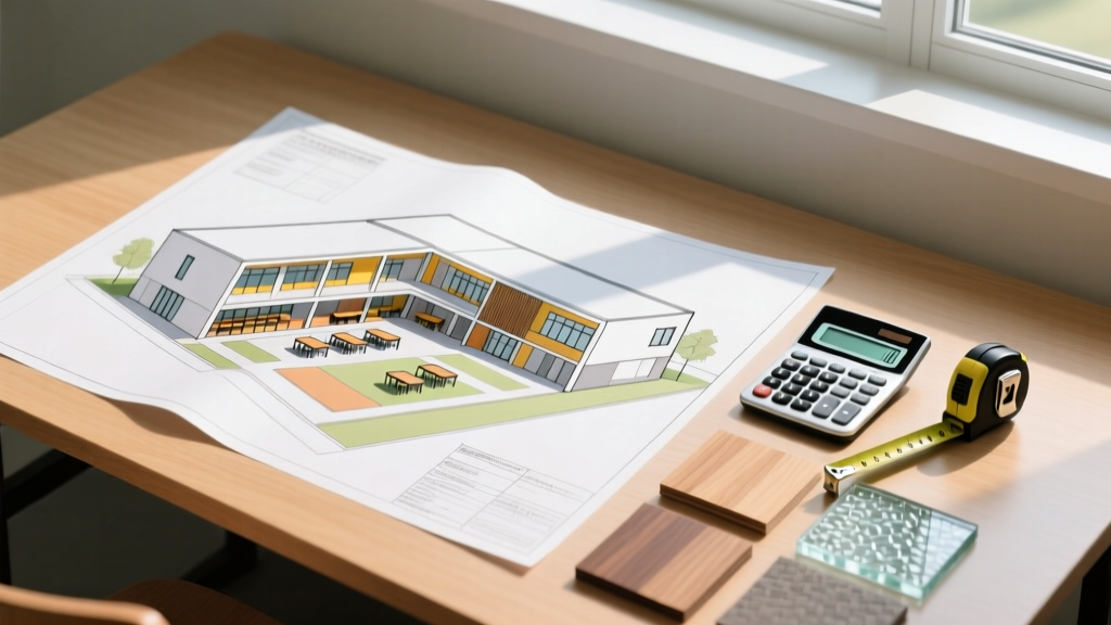 Architectural blueprint of a modern two-story elementary school laid out on a desk with a calculator, measuring tape, and material samples nearby