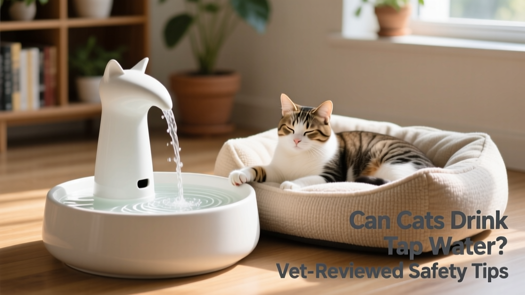 A modern cat water fountain made of matte white ceramic with gentle water flow, placed beside a cozy cat bed