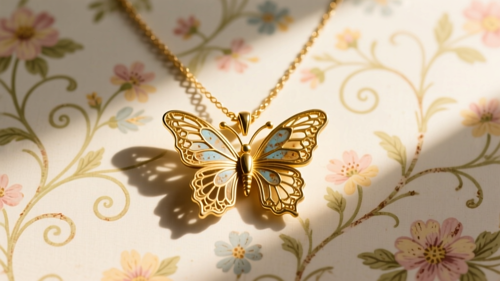 A 1970s vintage Avon gold-tone butterfly pendant necklace resting on faded floral wallpaper in warm, nostalgic sunlight.