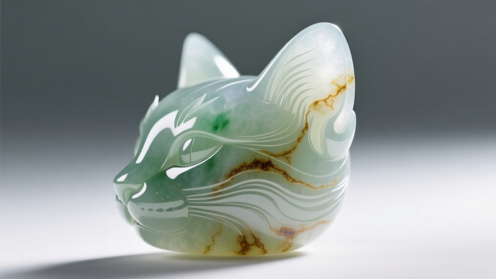 Macro shot of a carved jade cat ear showing natural fibrous inclusions and color zoning under a bright gemological loupe light beam.