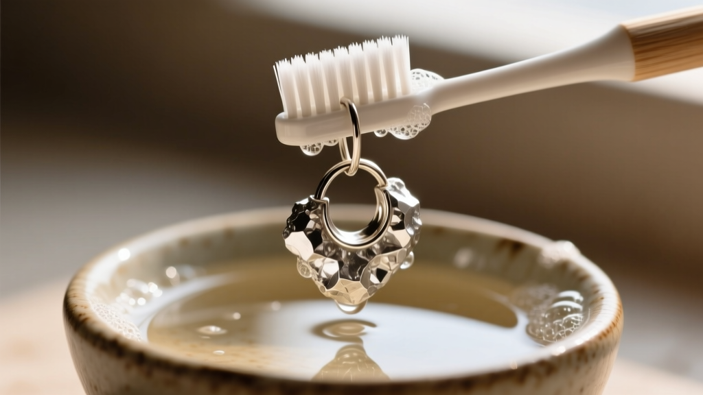 Soft toothbrush gently scrubbing deep crevices of a textured silver nugget earring in a small ceramic bowl of warm soapy water