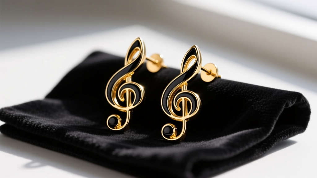 Macro photography of 18-karat gold plated treble clef earrings with black vitreous enamel resting on a dark velvet cleaning cloth