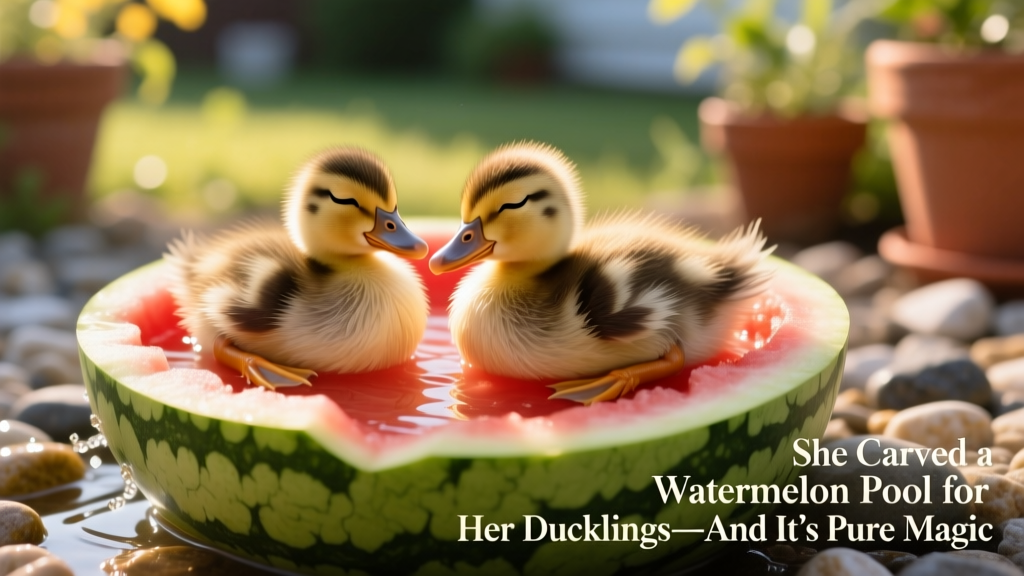 Close-up of two ducklings resting side-by-side on watermelon rind, beaks slightly open, looking content and relaxed