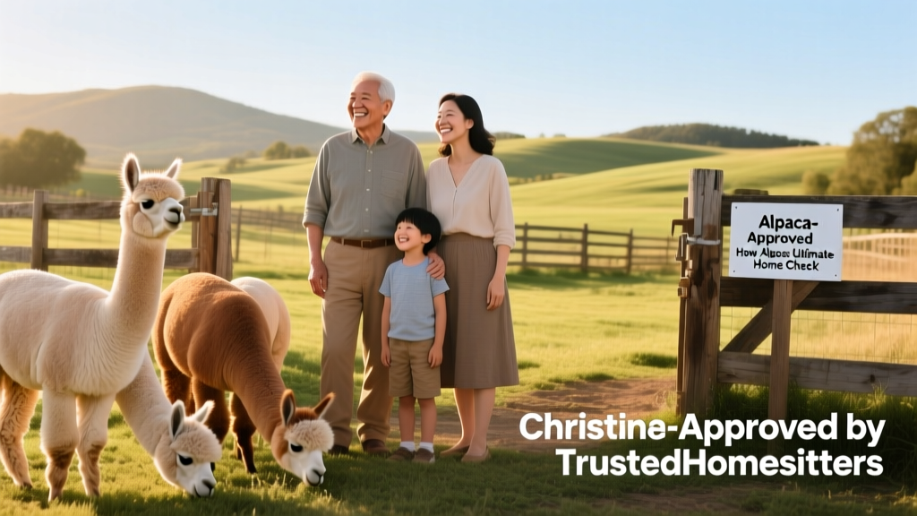 A joyful multigenerational sitter family smiling beside alpacas on Christine’s ranch