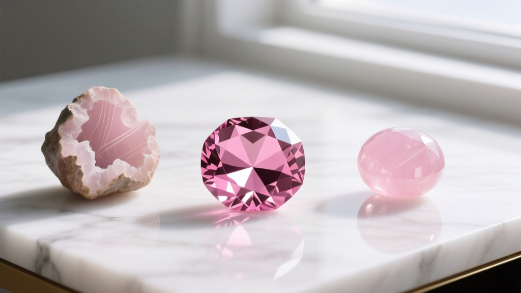 Flat lay of three pink gemstones: a faceted pink sapphire, raw rose quartz, and a polished morganite cabochon on white marble