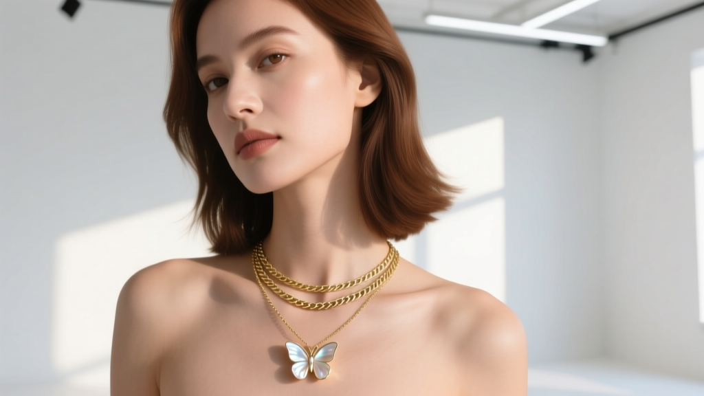 Woman wearing a layered stack featuring a small mother-of-pearl butterfly charm necklace and a simple gold herringbone chain.