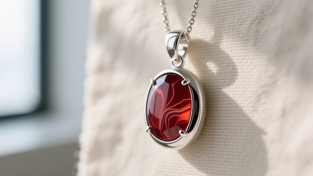 Macro shot of sterling silver pendant with red chalcedony stone secured by smooth bezel setting against neutral linen backdrop