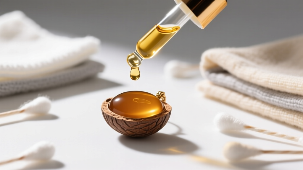 Glass dropper applying jojoba oil onto a dull tagua nut pendant, surrounded by cotton swabs and soft microfiber cleaning cloths