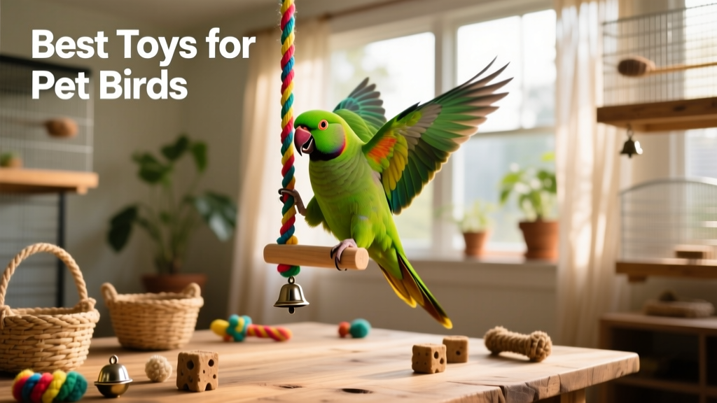 A green-cheeked conure swinging playfully on a colorful rope swing toy