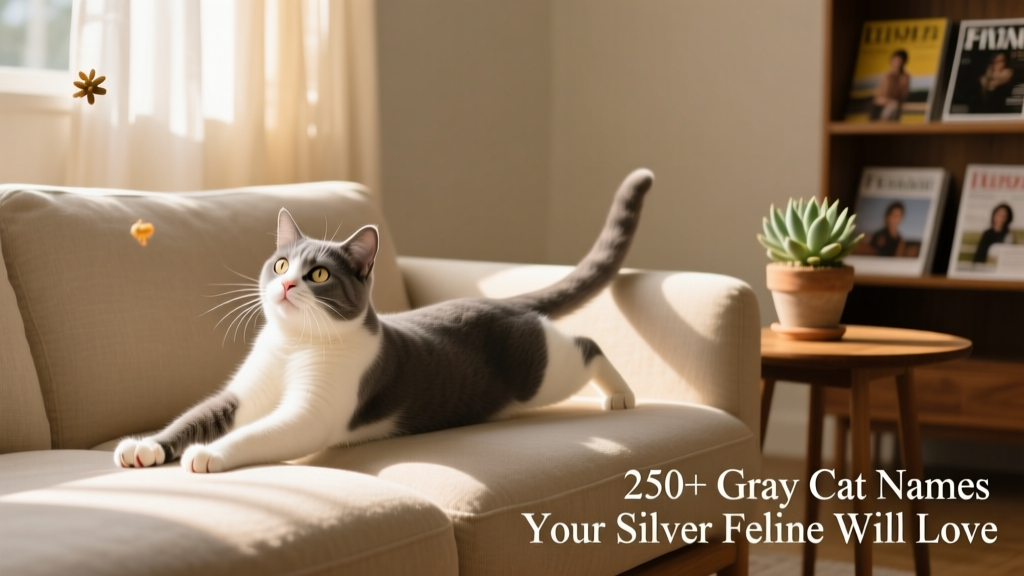 A curious gray and white cat stretching luxuriously on a sunlit sofa