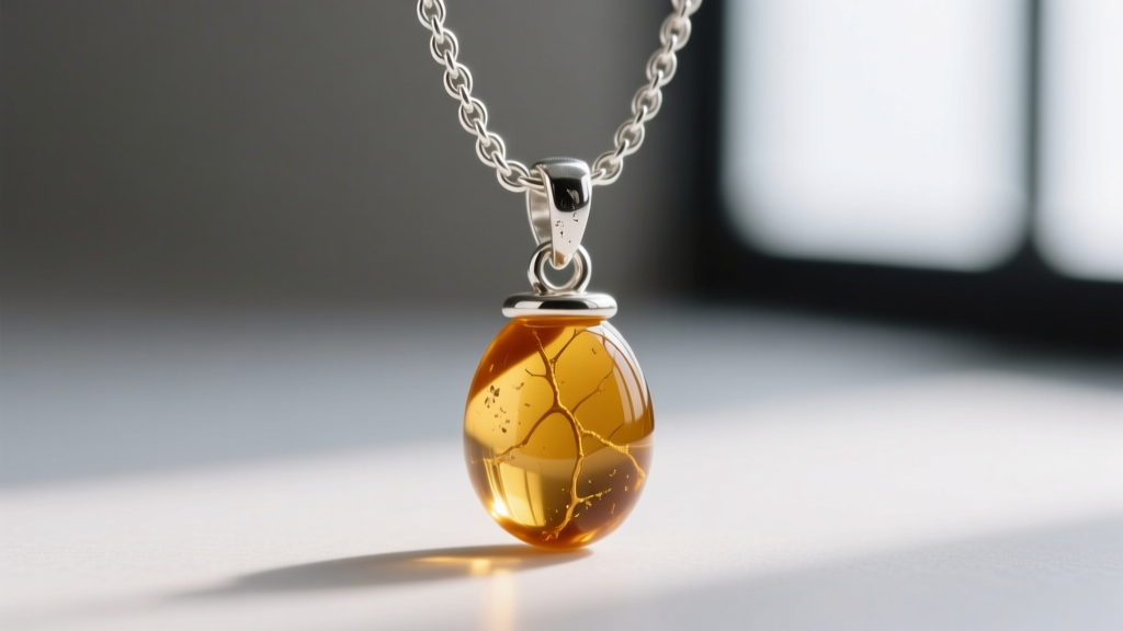 Macro shot of a 1.2mm sterling silver chain passing through a soldered bail on a small borosilicate glass mustard seed pendant.