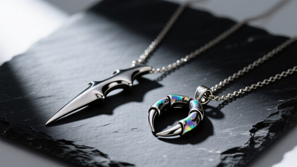 Titanium talon necklace and oxidized silver claw pendant on dark slate, showing soft natural shadows and high contrast lighting.