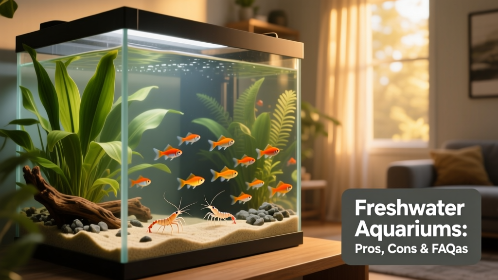 A serene, well-established 55-gallon freshwater aquarium with Amazon sword plants, cherry shrimp, ember tetras, and a gentle current—showcasing balance and ease of care