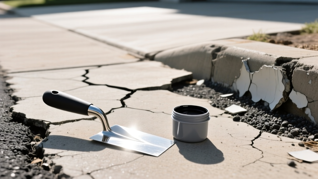 Close-up of a cracked concrete driveway next to a crumbling asphalt edge, with repair sealant and trowel tools resting on the surface in bright sunlight