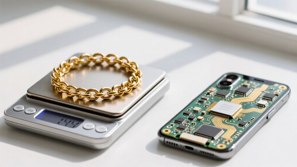 Macro shot of a 14k gold chain on a scale next to a smartphone motherboard, contrasting jewelry and industrial gold applications.