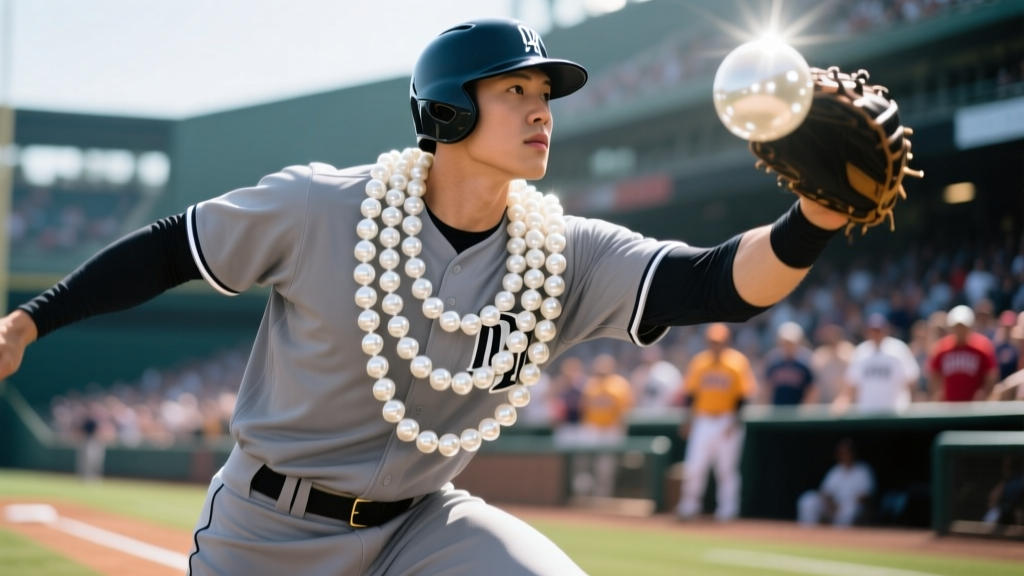 Baseball player wearing large white acrylic pearl beads over a grey uniform, captured in bright stadium sunlight with a blurred crowd