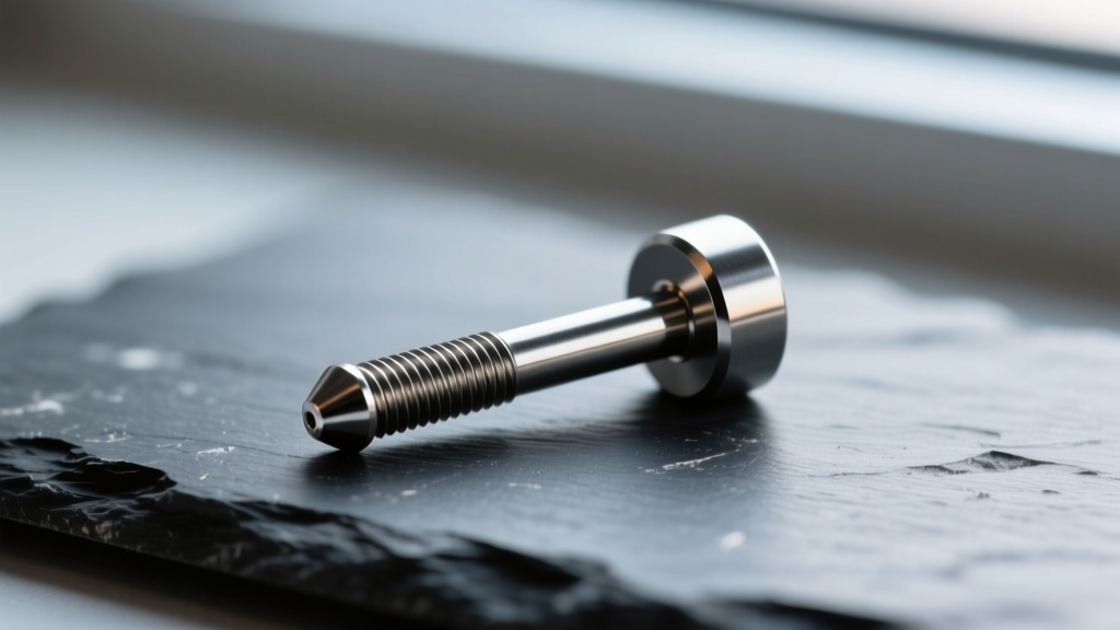 Macro shot of 14-gauge titanium labret stud on dark slate, highlighting machined threading and a mirror-polished finish.
