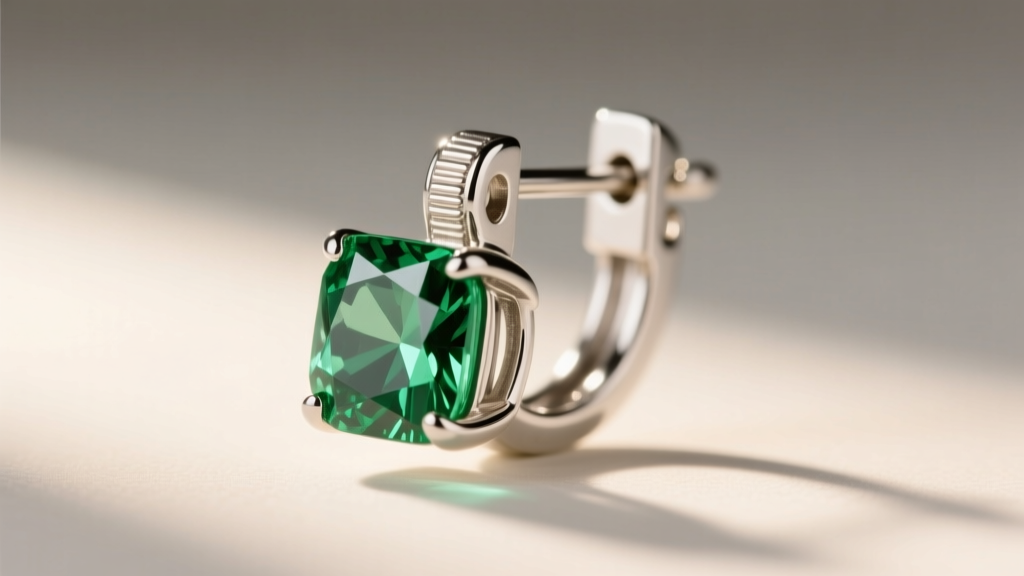 Macro shot of a 20-gauge sterling silver leverback earring with vivid green cubic zirconia, highlighting the secure locking clasp
