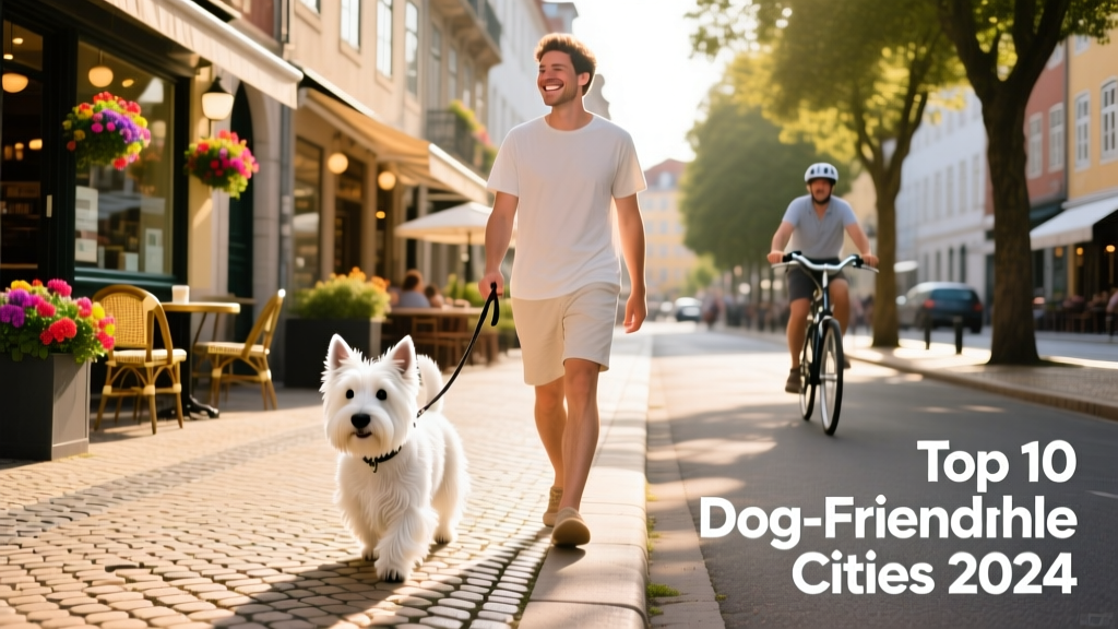 A white Scottish Terrier and their human companion window shopping along a vibrant, tree-lined street in a dog-friendly European city