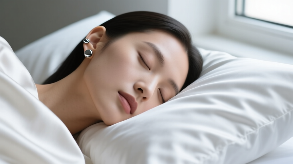 Close-up of a person sleeping on a white silk pillowcase, wearing minimal titanium flat-back labret studs in their earlobes