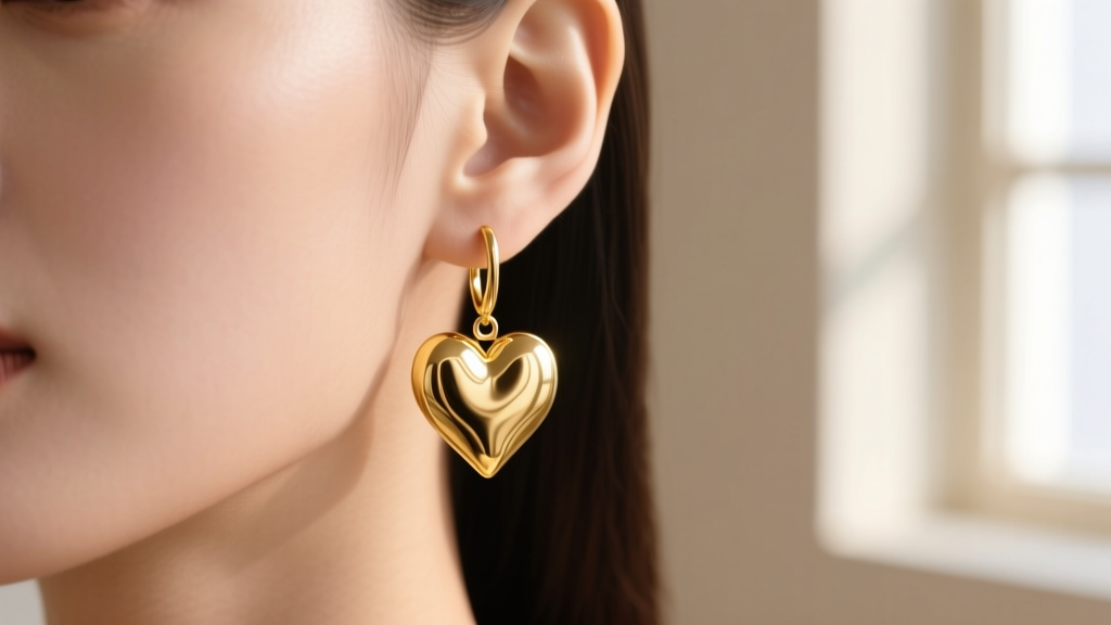Close-up of 18k molten gold heart drop earrings on a model, soft lighting highlighting the textured metal surface and ear lobe