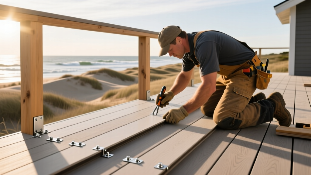 Carpenter installing cellular PVC decking boards with stainless steel hidden fasteners on a framed oceanfront deck in Barnstable, Cape Cod.