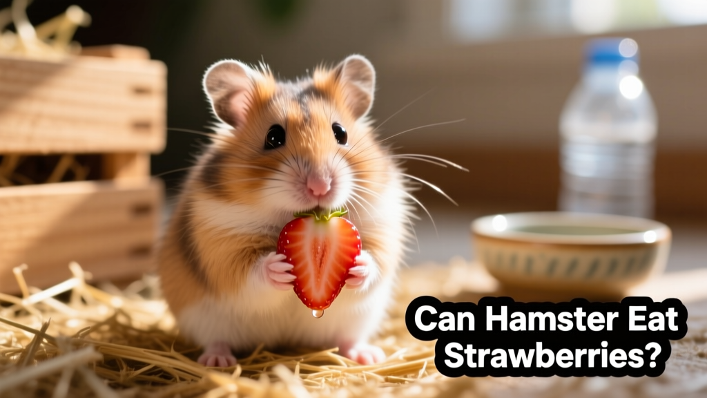 A Syrian hamster gently holding a small, fresh strawberry slice in its paws