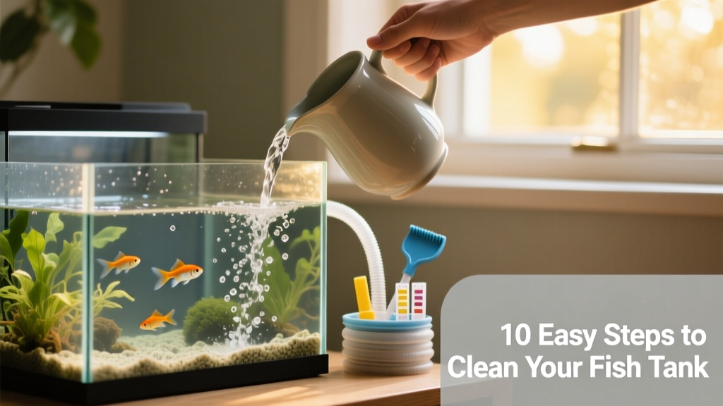 A hand pouring dechlorinated water from a pitcher into a fish tank during a partial water change