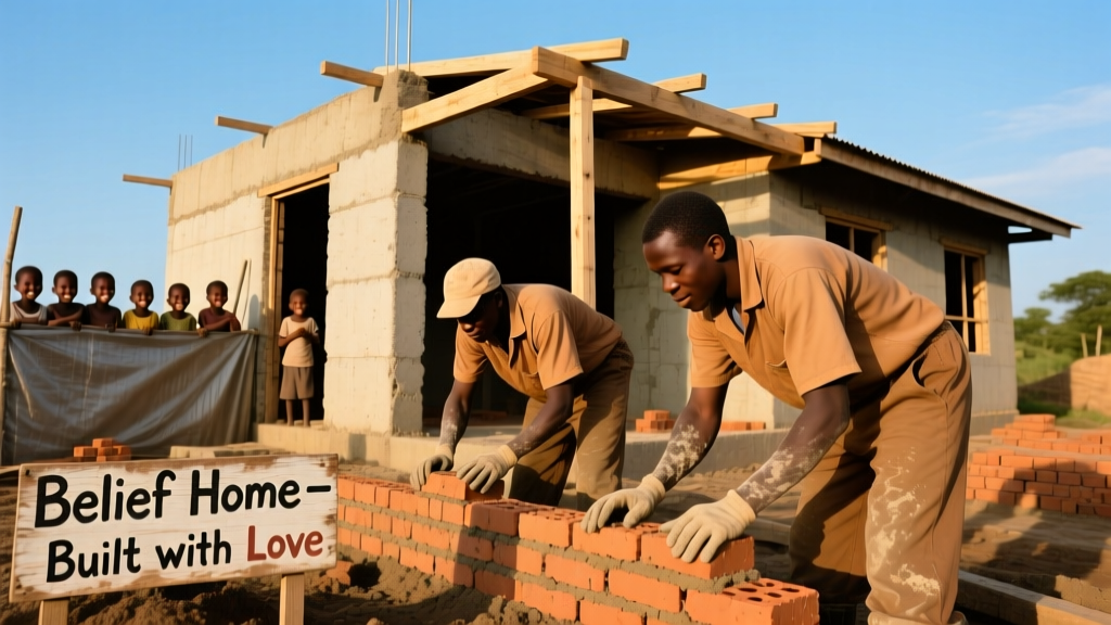 Construction progress at Belief Home: workers laying bricks and framing the first floor in Dodowa