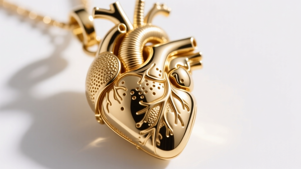 Extreme close-up of a gold anatomical heart pendant showing tiny surface pits and porosity near the aorta valve detail