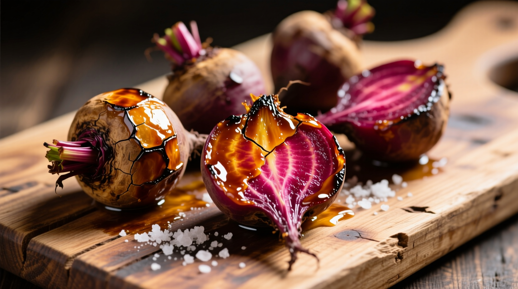 Perfectly roasted beets with golden edges on wooden board