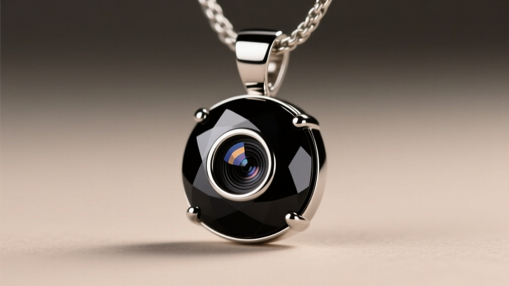Macro shot of a matte black stainless steel pendant revealing a tiny 4K camera lens disguised as a dark onyx gemstone.