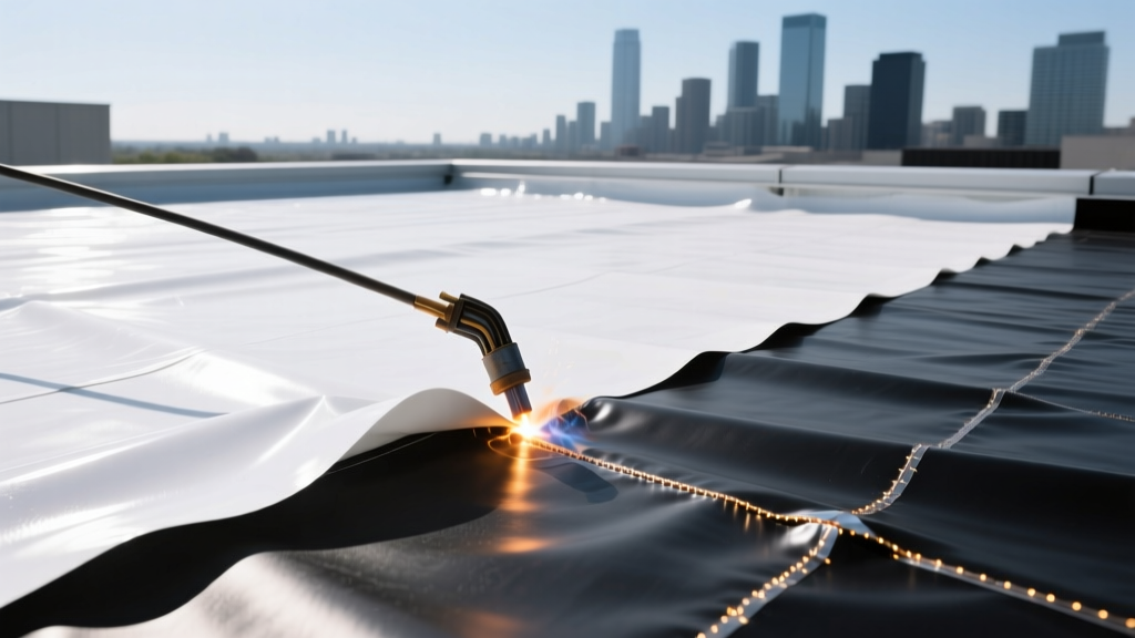 Commercial flat roof showing white TPO membrane being heat-welded next to black EPDM under bright sun with a modern city skyline