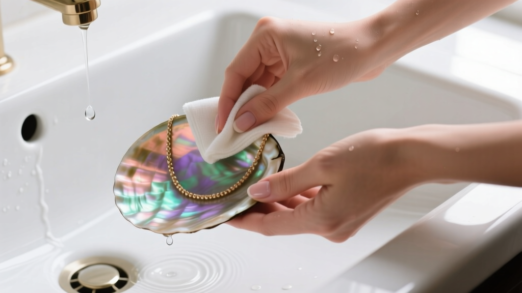 Close-up of hands gently wiping a large abalone shell necklace with a damp microfiber cloth over a white ceramic sink basin