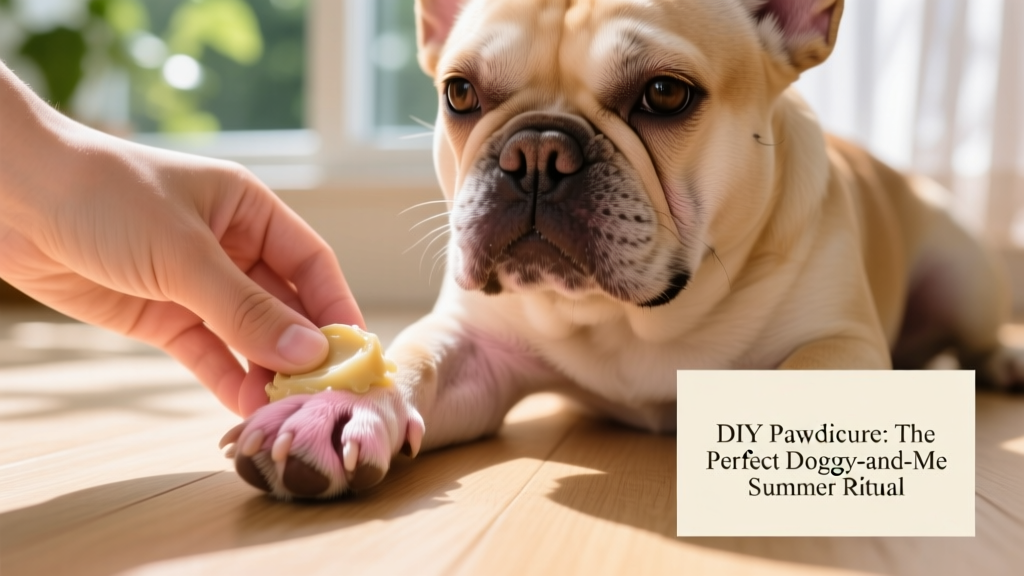 A person’s hand gently massaging balm into a French Bulldog’s front paw, with soft focus on the paw pads and calm expression