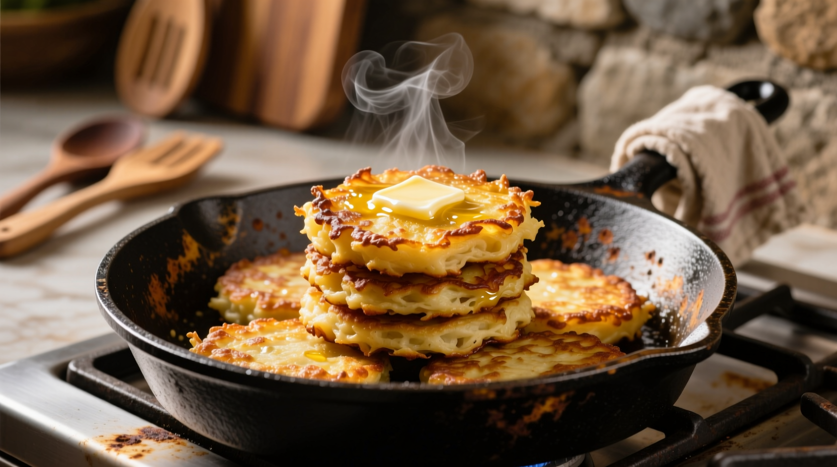 Perfectly golden crispy potato cakes on cast iron skillet