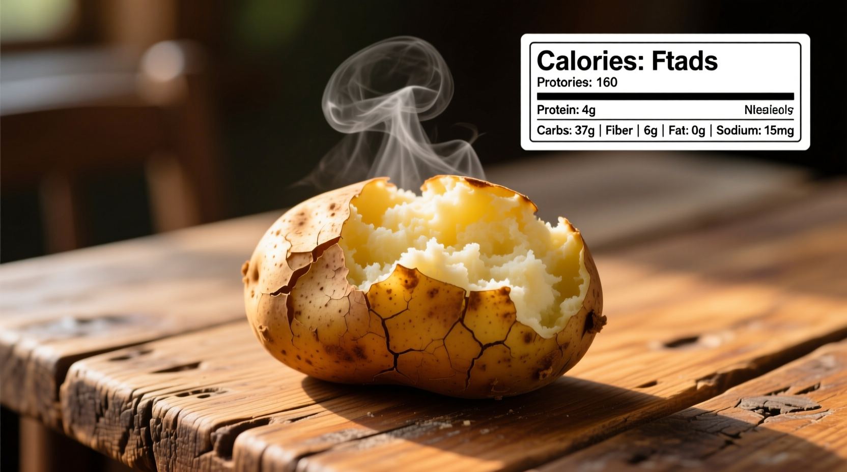 Nutrition facts of baked Idaho potato on wooden table